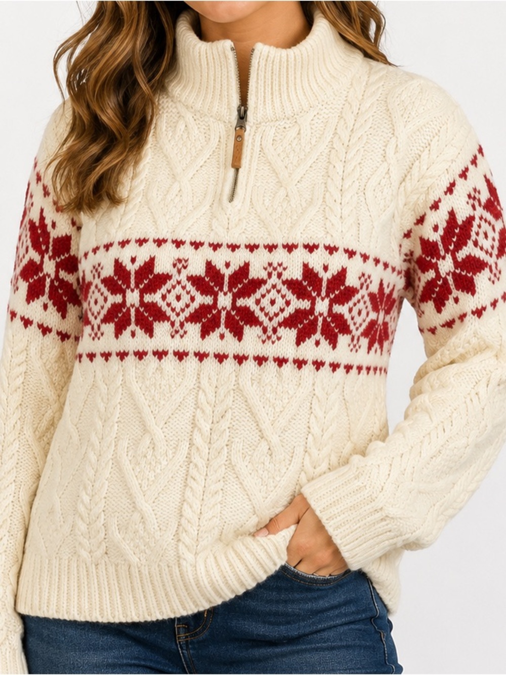 Aran Sweater Market Merino Wool Irish Cable Knit Nordic Half Zip Sweater S